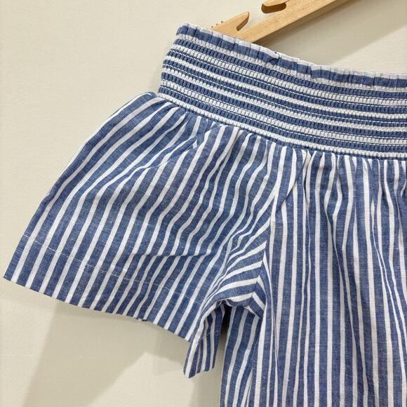 J Crew Striped Off Shoulder Mini Dress Sz 0 NWT Cotton Linen Blue White Boho - Picture 4 of 9